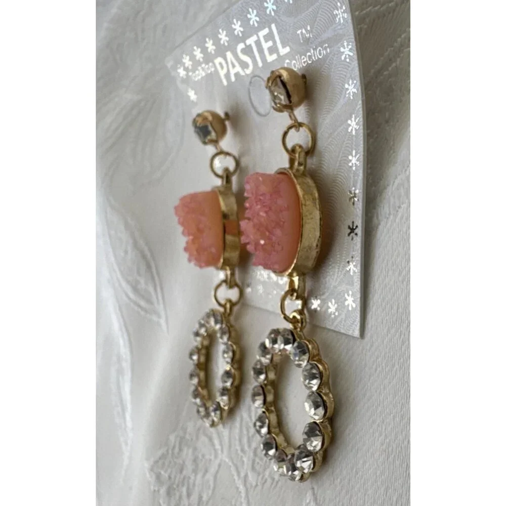 Pastel Faux Pink Stone Crystal Gold Rhinestone Earrings Dangle Drop Party NEW